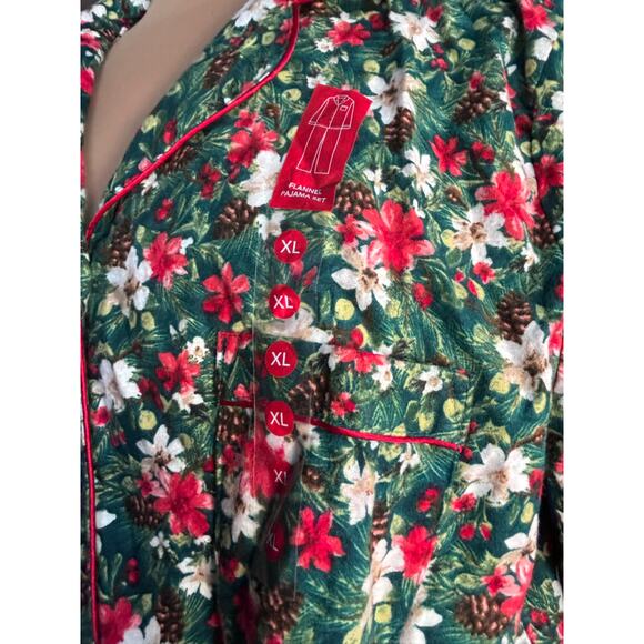 Winter Floral Flannel Pajama Set Charter Club Green Red White XL Cozy Warm New - Picture 8 of 11